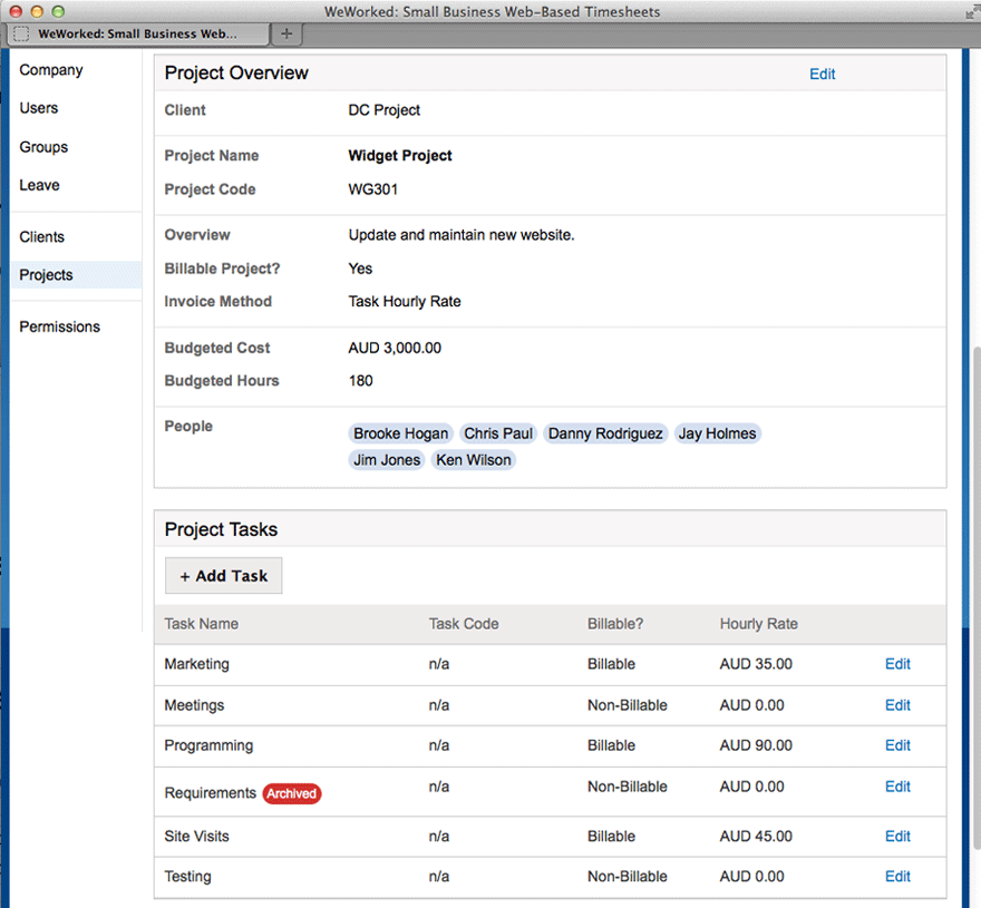 WeWorked project time tracking dashboard with project reporting